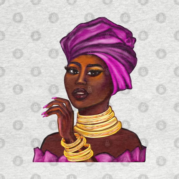 Queen Black is beautiful black girl with Gold bangles, neck ring necklace, purple dress and head wrap, brown eyes and dark brown skin ! by Artonmytee